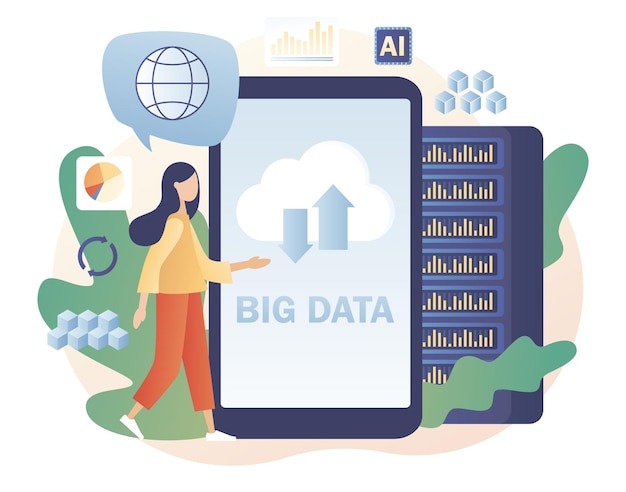 Big data - text on smartphone screen. Tiny woman data engineers. Data science and jobs.