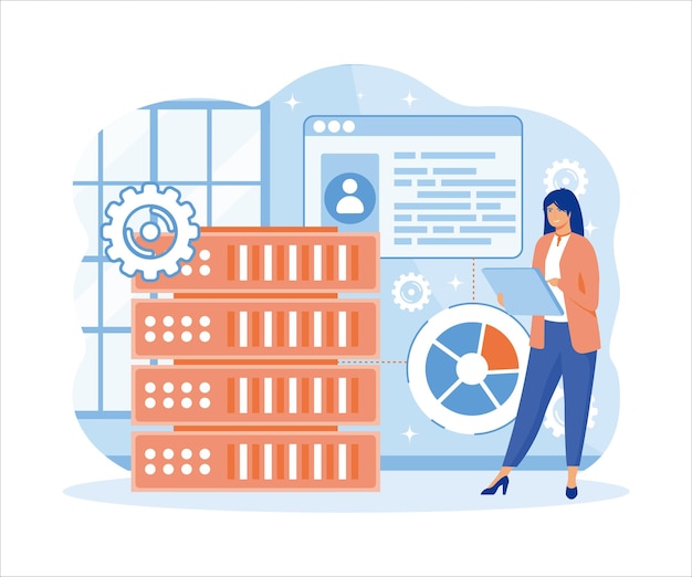 Vector big data tools concept woman standing near server rack analyzing big data tools flat vector modern illustration