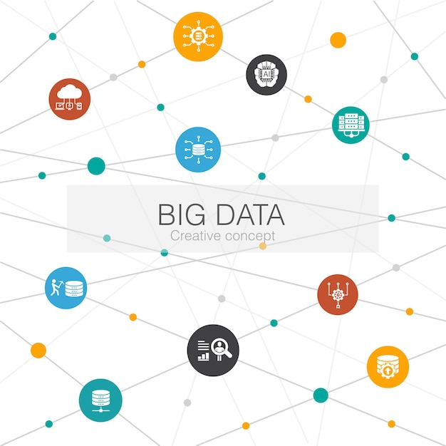 Vector big data trendy web template with simple icons contains such elements as database artificial intelligence user behavior data center icons