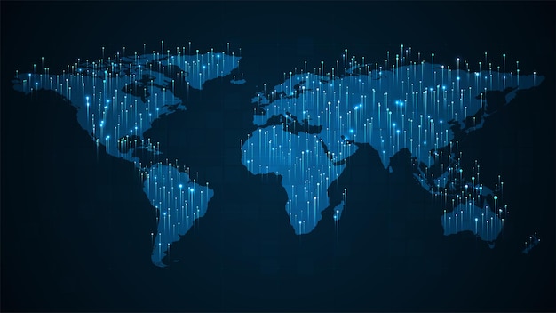 大きなデータの視覚化のコンセプト。技術の背景。青の背景に世界地図