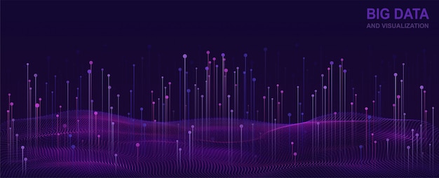 Big data visualization. Futuristic design of data flow. Abstract digital background with flowing particles. Abstract digital background with waves, lines and dots.