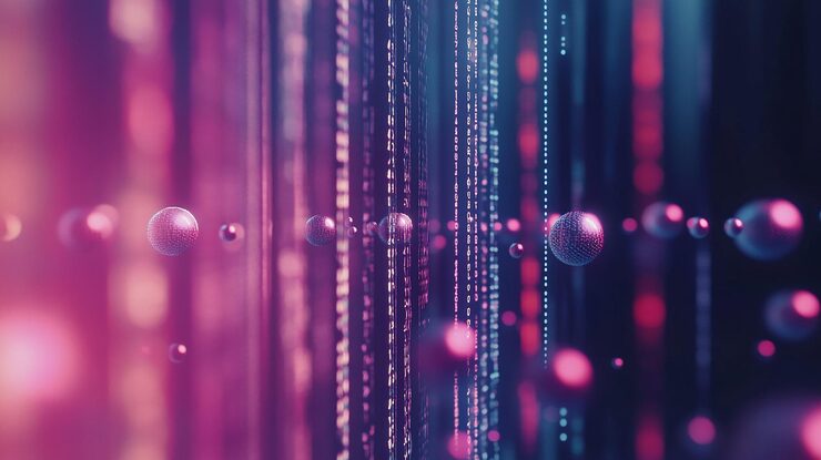 Vector big data visualization showcasing information analytics with abstract streams of information ball arrays and binary code filtering machine algorithms and data sorting in technology background