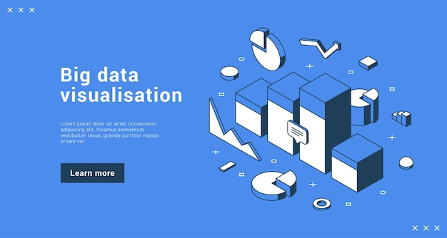 Big data visualization statistic software analytic development internet banner landing page isometric vector illustration. Digital planning research database analyzing chart graph diagram information