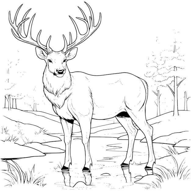 Big Deer On The River Bank Coloring Page Drawing For Kids