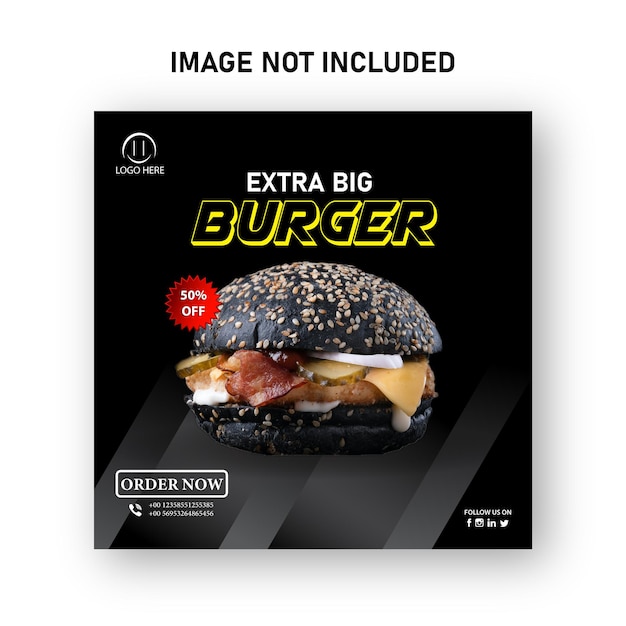 큰 맛있는 햄버거와 음식 메뉴 소셜 미디어 배너 템플릿 디자인