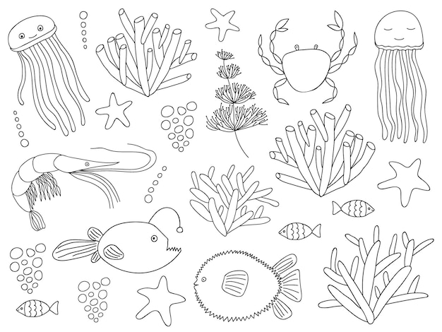 Vector big doodle sea elements set ocean sea life animal and plant set vector underwater objects