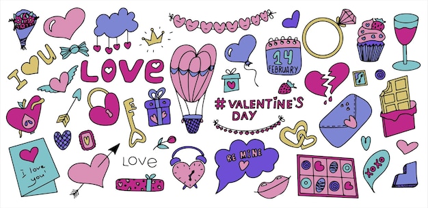 Grande doodle set di icone per san valentino vettoriale illustrazione colorata per le vacanze di febbraio...