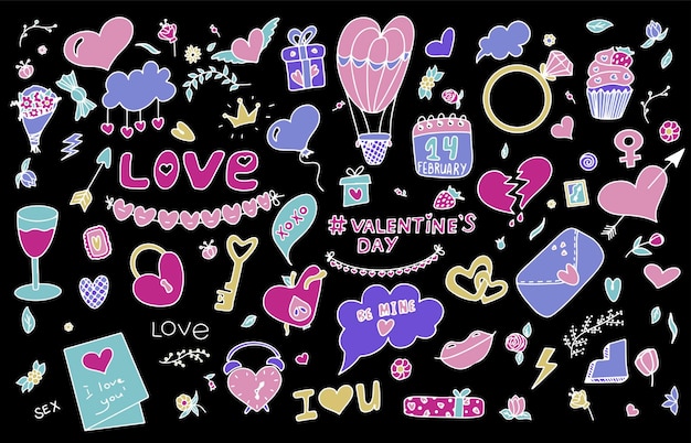 Grande doodle set di icone per san valentino vettoriale illustrazione colorata per le vacanze di febbraio...