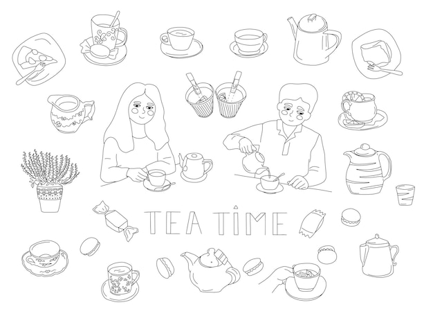 Big doodle set with tea time items Man woman with cup of tea teapots cakes milk jug kettle candy