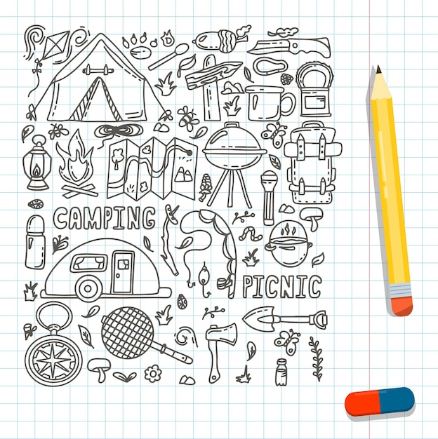 Big doodle vector camping set sketch hiking iconshand draw illustration for summer picnic in nature