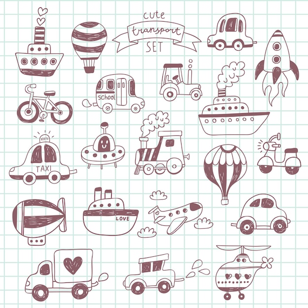 Big doodled transportation icons collection on school notebook