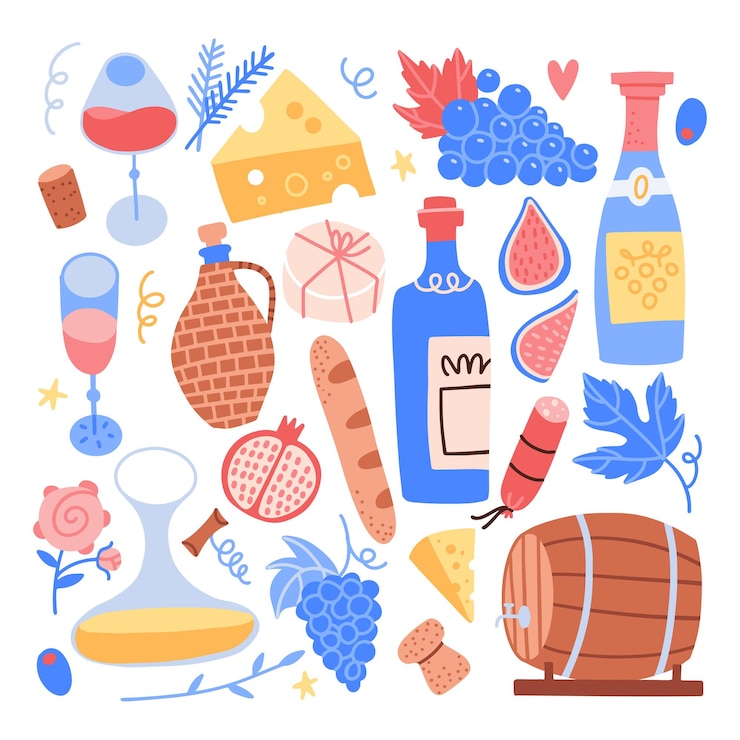 Vector big elements collection for beaujolais nouveau festival of new wine in france wine and food set vect...