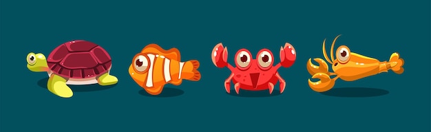 Big eyed sea animal and marine creature vector set