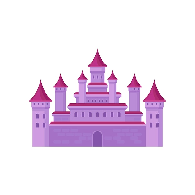 Big fairy tale castle with high towers and conical roofs bright pink medieval fortress colorful graphic element for children book vector illustration in flat style isolated on white background