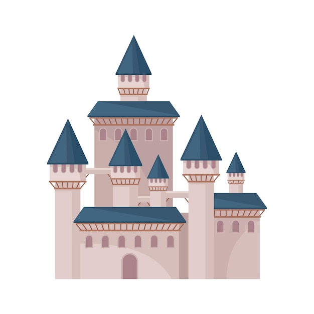 Big fairy tale castle with high towers and conical roofs Large royal fortress Graphic element for children book Cartoon style illustration Colorful flat vector design isolated on white background