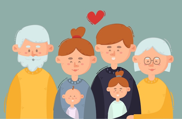 Big Family Cartoon isolated on green