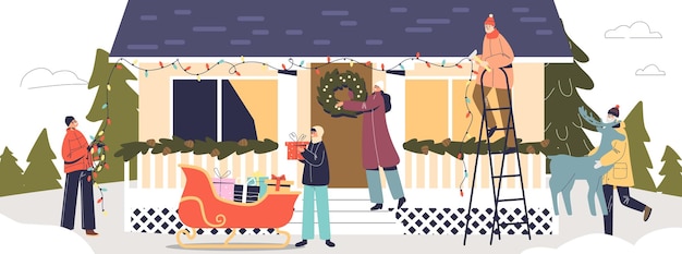 Vector big family decorating house for christmas hanging garland, wreath and putting reindeer with santa sleigh outdoors. people prepare for xmas and new year winter holidays. flat vector illustration