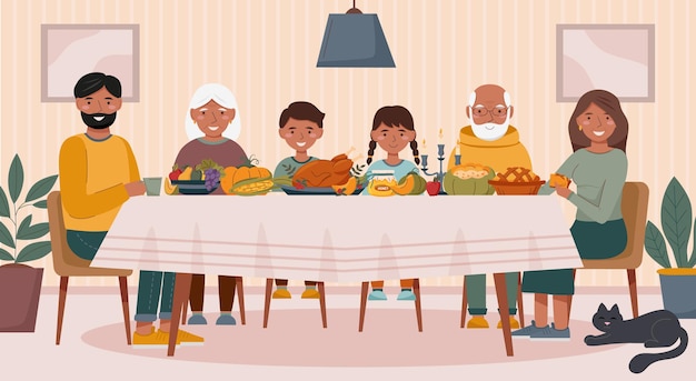 Big family is having dinner at the table family concept thanksgiving concept christmas concept