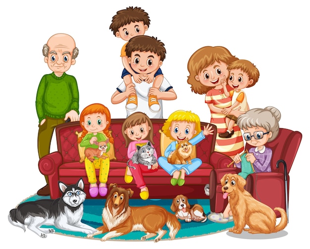 Vector big family members with many dogs