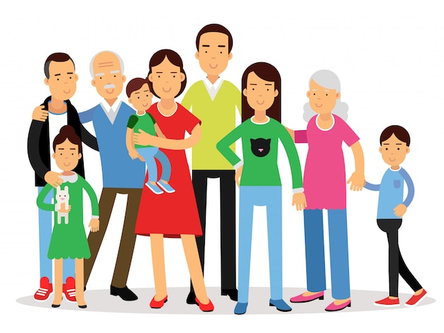 Big family, mom, dad , kids and grandparents   illustration