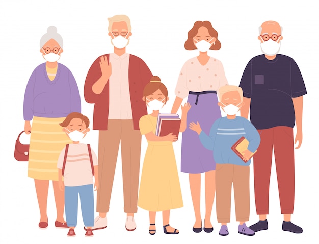 Vector big family in protective medical face masks