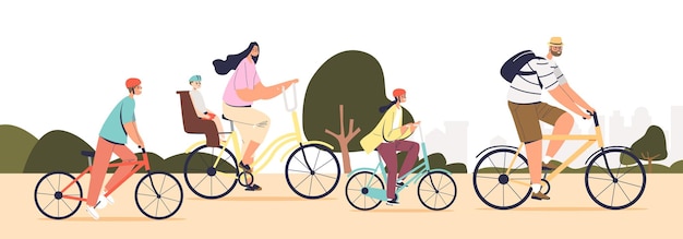 Vector big family riding bikes together. young parents with kids cycling in park. cute mother, father with three children in helmets on bicycles. flat cartoon vector illustration