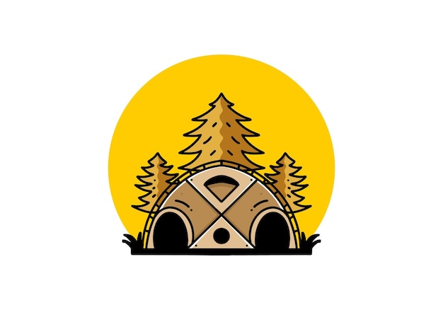 大きな家族のテントと松の木のイラスト バッジ デザイン