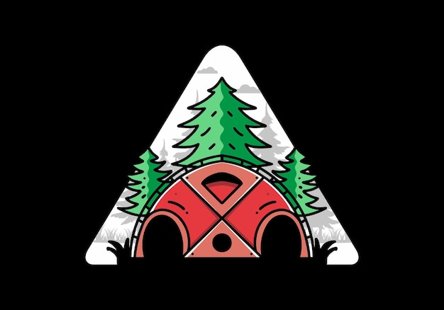 Vector big family tent and pine trees illustration badge design