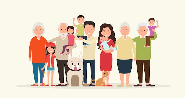 Vector big family together. parents and children, grandparent along with the animals.