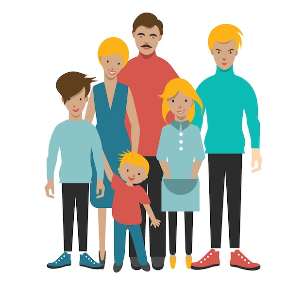 Vector big family with four children mother father and kids flat people figures vector