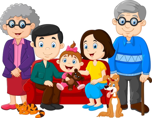 Grande famiglia con nonni, genitori e figli