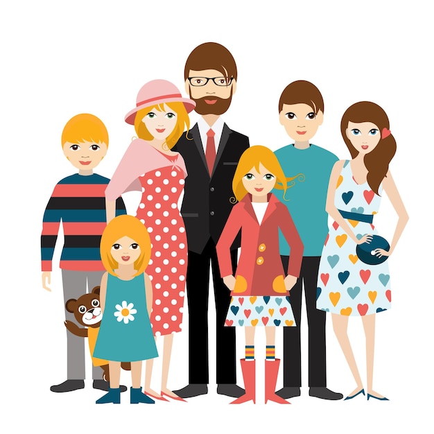 Big family with many children Man and woman in love relationship Flat vector