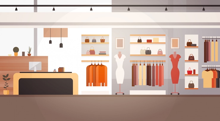 Vector big fashion shop super market female clothes shopping mall interior banner with copy space