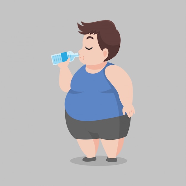 신선한 물을 마시는 큰 뚱뚱한 남자, 깨끗한 물 한 병, 건강, 다이어트 만화, 체중 감량