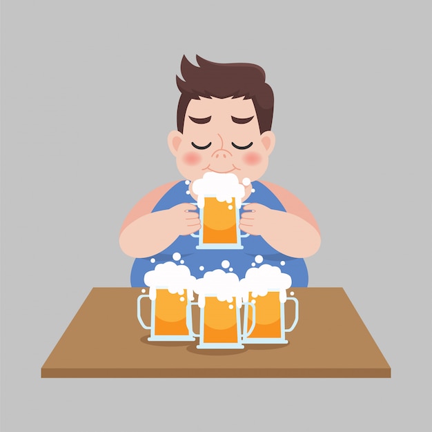 big fat man love drinking a mug of beer, healthcare concept.