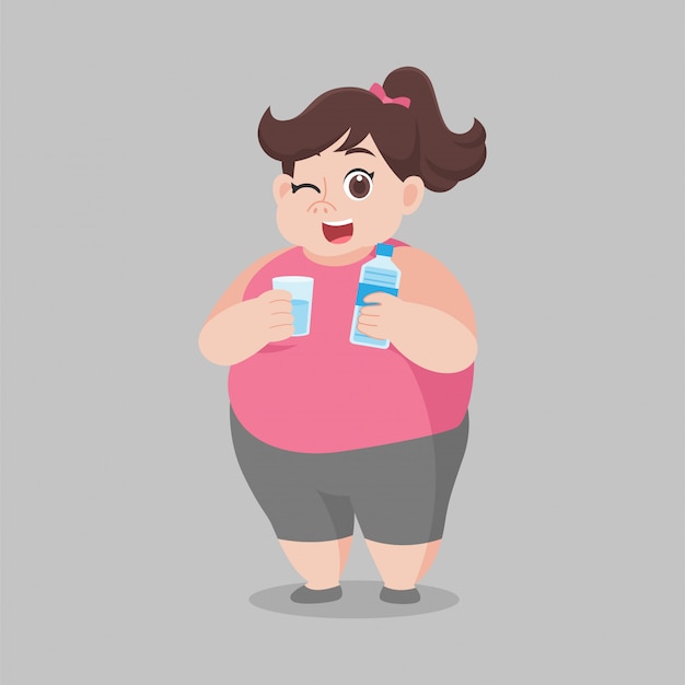 신선한 물, 물, 유리, 건강, 다이어트 만화의 더 깨끗 한 병을 마시는 큰 뚱뚱한 여자 체중 감량, 라이프 스타일 건강 한 건강 관리 개념입니다.