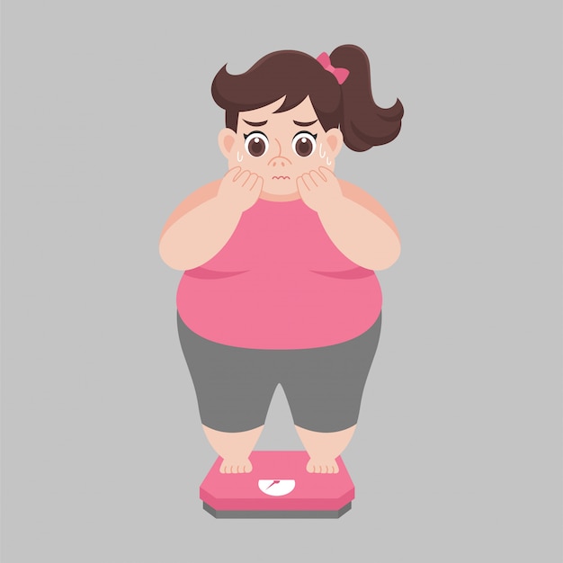 큰 뚱뚱한 여자는 무게 몸에 대한 전자 저울에 서 걱정