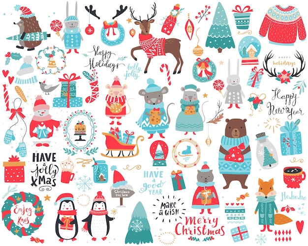 Big festive Christmas and New Year set with a lot of items, characters and inscriptions. Vector winter collection.