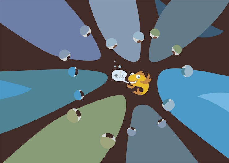 Vector big fish surrounded and looking at small yellow fish