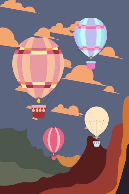 Big flying balloons for flying in the sky night flight night landscape vector illustration poste