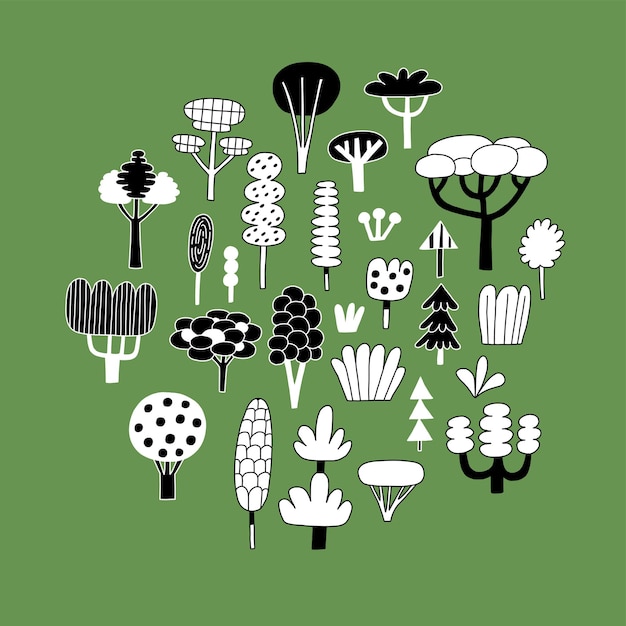 Raccolta di clipart di grandi piante forestali su sfondo bianco alberi boschivi disegnati a mano botanico selvatico