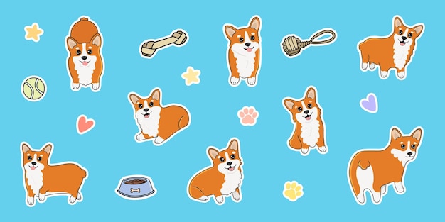 Big funny corgi stickers set great for greeting cards design and more