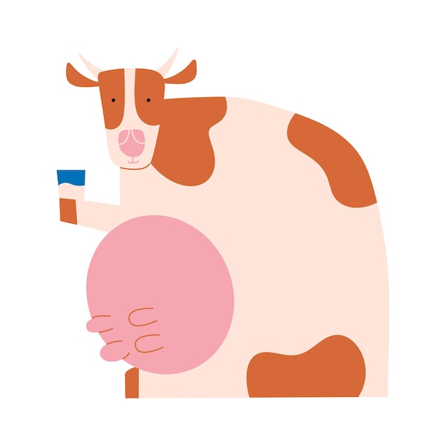 Big funny cow with milk Vector illustration in cartoon style