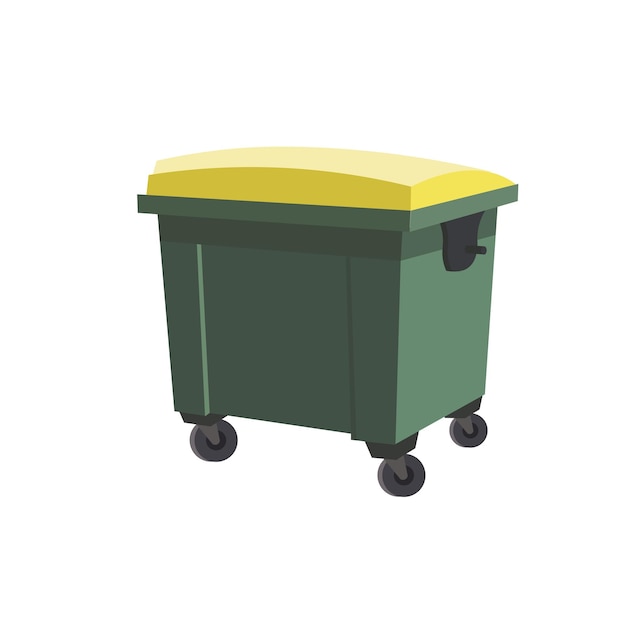 Vector big green trash can on white background in cartoon style