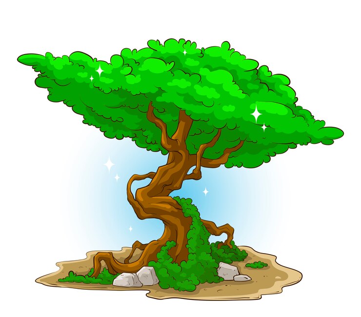 Vector big green tree with moss and stone