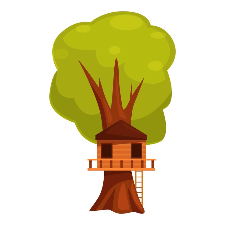 Vector big green tree with wooden treehouse having two windows