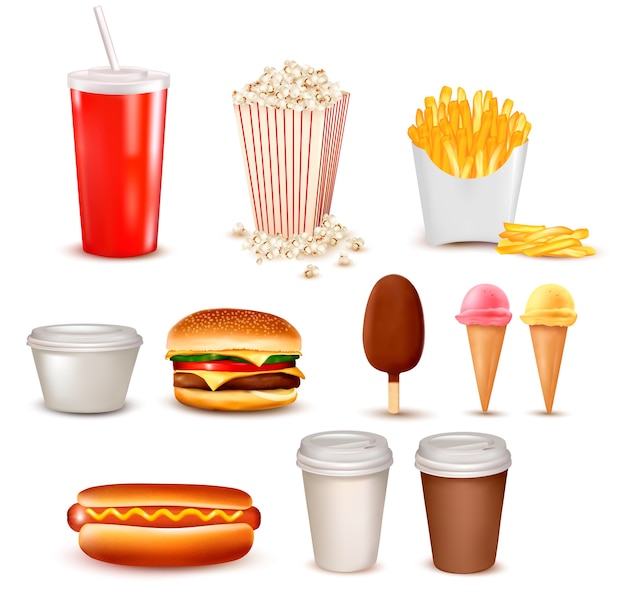 Big group of fast food products