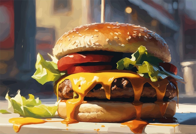 Vector big hamburger fast food food illustrationburger with fried meat and cheese on a wooden table fast