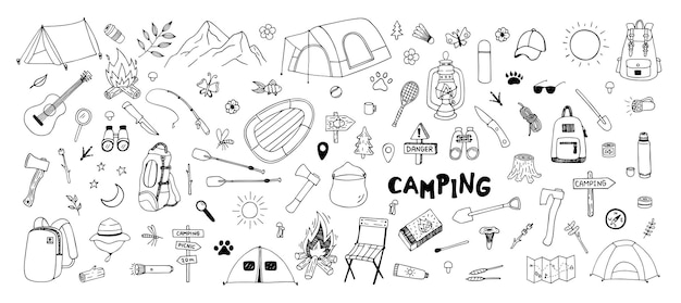 Big hand drawn camping set Vector doodle cliparts Travel design