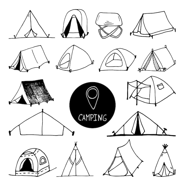 Set di clip art per tenda da campo vettoriale disegnato a mano grande design da viaggio